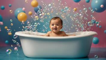 schattig baby het baden in de bad foto