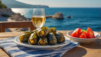 smakelijk dolma in een bord in een taverne tegen de backdrop van de zee foto