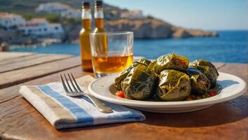 smakelijk dolma in een bord in een taverne tegen de backdrop van de zee foto