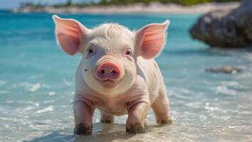 schattig varken Aan de Bahamas zee foto