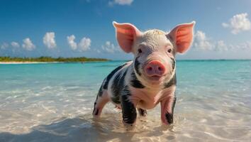 schattig varken Aan de Bahamas zee foto