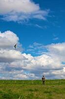 een Mens vliegend zijn vlieger Bij de steppe foto