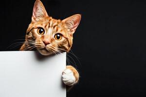 speels oranje gestreept kat gluren in de omgeving van de hoek Aan een donker achtergrond foto