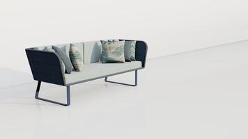 3d renderen pastel groen fluweel sofa met grijs en tropisch kussens Aan achtergrond foto