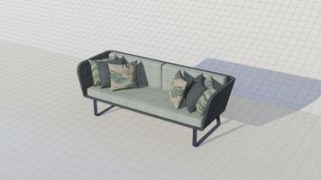 3d renderen 3d renderen pastel groen fluweel sofa met grijs en tropisch kussens Aan blauwdruk foto