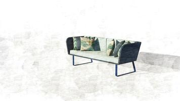 3d renderen pastel groen fluweel sofa met grijs en tropisch kussens Aan schetsen foto