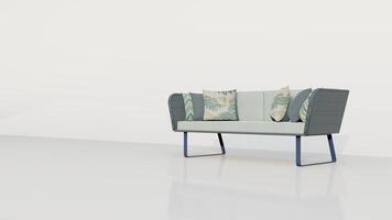 3d renderen pastel groen fluweel sofa met grijs en tropisch kussens Aan achtergrond foto