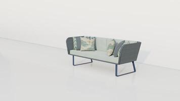 3d renderen pastel groen fluweel sofa met grijs en tropisch kussens Aan achtergrond foto