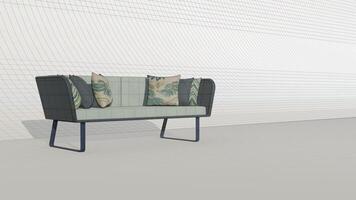 3d renderen 3d renderen pastel groen fluweel sofa met grijs en tropisch kussens Aan blauwdruk foto