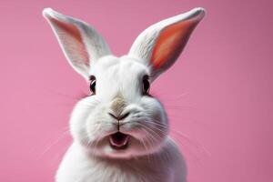 detailopname van een wit pluizig konijn Aan een roze pastel achtergrond. Pasen konijn voor Pasen. foto