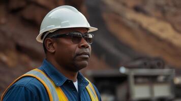 een mijnbouw ingenieur Afrikaanse Amerikaans Bij een de mijne plaats. foto