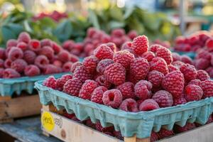 biologisch frambozen Aan de markt. foto