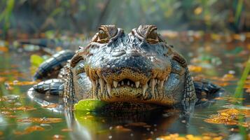 hoofd van krokodil met groot tanden in wetland foto