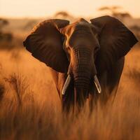 Afrikaanse olifant en de instelling zon met de iconisch savannes in de achtergrond foto