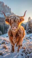 hoogland koe in ijzig ochtend- dolomiet berg landschap foto