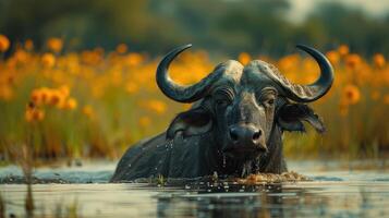 buffel ondergedompeld in sereen water foto