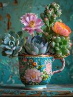 kleurrijk vetplanten in decoratief potten foto