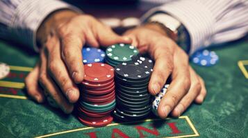 stapels van poker chips Aan een casino tafel foto