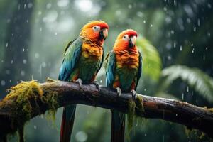 tropisch papegaaien zittend Aan een boom Afdeling in de regenwoud foto