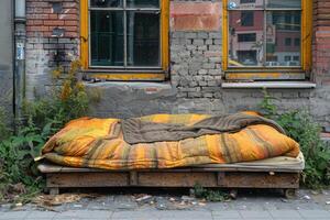 dakloos persoon leven plaats met haveloos weggegooid oud gebroken bed met een vuil matras en beddengoed. foto