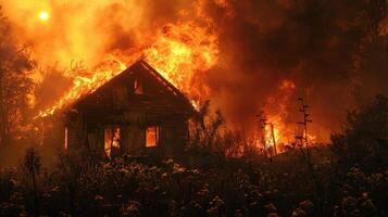 huis overspoeld in vlammen Bij nacht foto