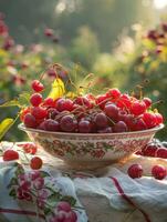 vers rood kersen fruit in kom Aan tafel in tuin foto