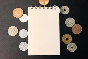 blanco papier kladblok met Japans geld. vakantie, planning begroting. reizen plan concept. foto