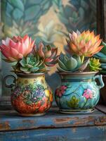 kleurrijk vetplanten in decoratief potten foto