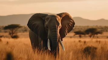 Afrikaanse olifant en de instelling zon met de iconisch savannes in de achtergrond foto