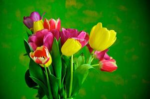 bloeiende tulpen in een vaas. kleurrijk bloemen foto