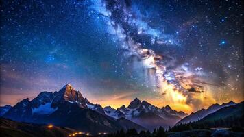 visie van de nacht lucht vol van sterren en sneeuw bergen foto