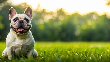 Frans bulldog hond met gelukkig uitdrukking en zittend Aan de gras foto