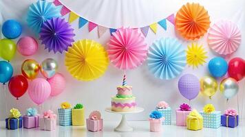 verjaardag decoratie met taart en cadeaus en meerdere andere decoraties foto