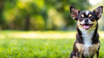 chihuahua hond zittend Aan groen gras met een gelukkig gezicht foto