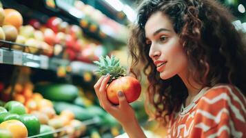 een jong vrouw onderzoekt een levendig fruit markt, plukken omhoog vers produceren met enthousiasme. . foto