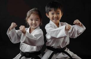 een jongen en een meisje, beide gekleed in krijgshaftig kunsten uniformen, praktijk taekwondo, aikido, of jiujitsu. . foto