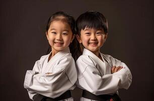 een jongen en een meisje, beide gekleed in krijgshaftig kunsten uniformen, praktijk taekwondo, aikido, of jiujitsu. . foto