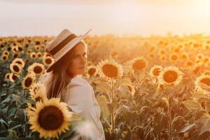 vrouw in zonnebloem veld. gelukkig meisje in een rietje hoed poseren in een enorm veld- van zonnebloemen Bij zonsondergang, genieten nemen afbeelding buitenshuis voor herinneringen. zomer tijd. foto