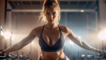 dynamisch en sterk Kaukasisch lingerie model- in midden actie het uitvoeren van pilates brug houding vervelend ondersteunend foto