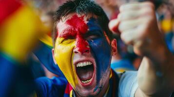 een voetbal fan, hun gezicht geschilderd in de kleuren van de Portugal vlag, uitbarsting in jubelend viering foto