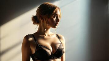 helder ogen en optimistisch zwart lingerie model- in lichtgevend studio vervelend geavanceerde hoog taille lingerie foto