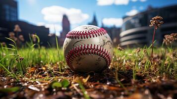 baseren bal wit Aan gras veld- voor sport uitrusting foto