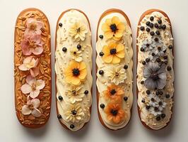 lang taart brood room en fruit topping baguette belegd broodje foto