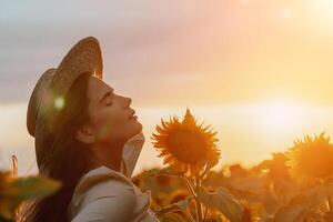 vrouw in zonnebloem veld. gelukkig meisje in een rietje hoed poseren in een enorm veld- van zonnebloemen Bij zonsondergang, genieten nemen afbeelding buitenshuis voor herinneringen. zomer tijd. foto