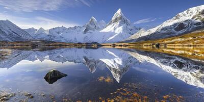 winters spiegel met sneeuw bedekt berg pieken reflecterend in kristal Doorzichtig meer foto