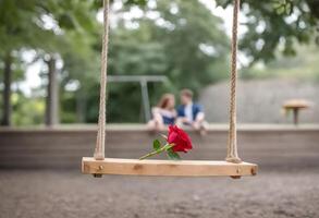 een houten schommel met touwen en een rood roos Aan het, met een wazig achtergrond tonen twee mensen zittend dichtbij samen foto