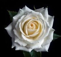 detailopname van een wit roos met zacht bloemblaadjes tegen een donker achtergrond foto