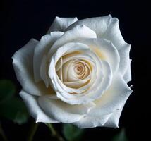 detailopname van een wit roos met zacht bloemblaadjes tegen een donker achtergrond foto