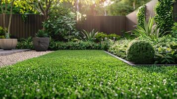 weelderig groen tuin met houten hek foto