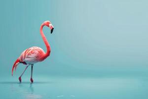 roze flamingo staand Aan blauw oppervlakte foto